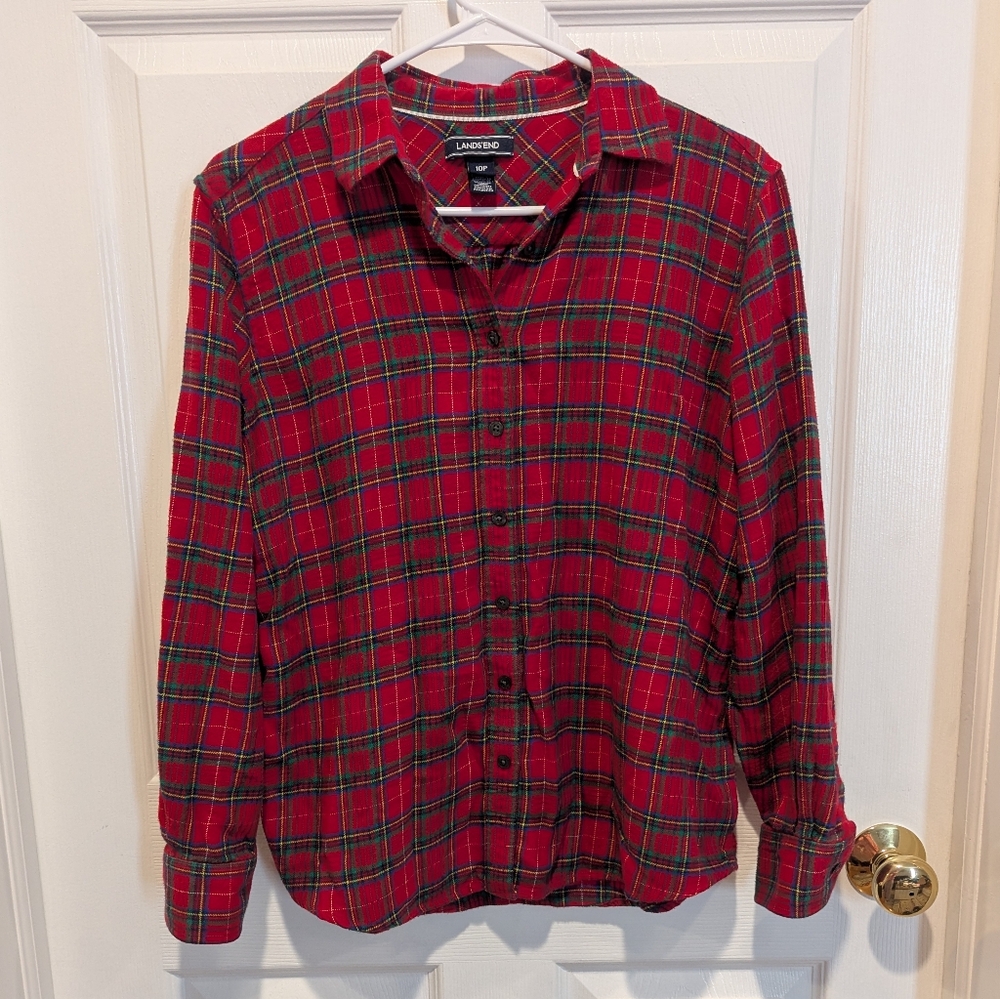 Lands' End Size 10P Red Plaid Flannel Button Up Shirt